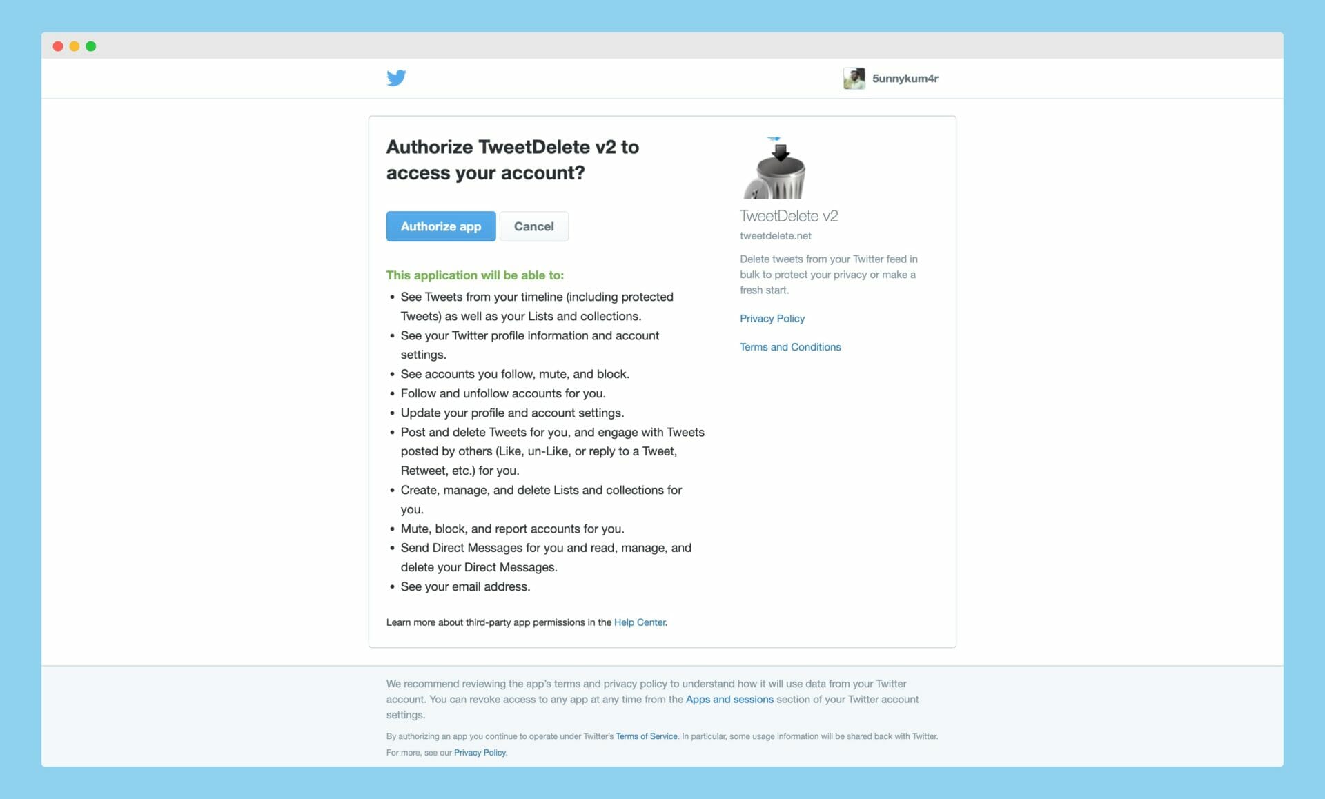 Authorizing TweetDelete App on Twitter