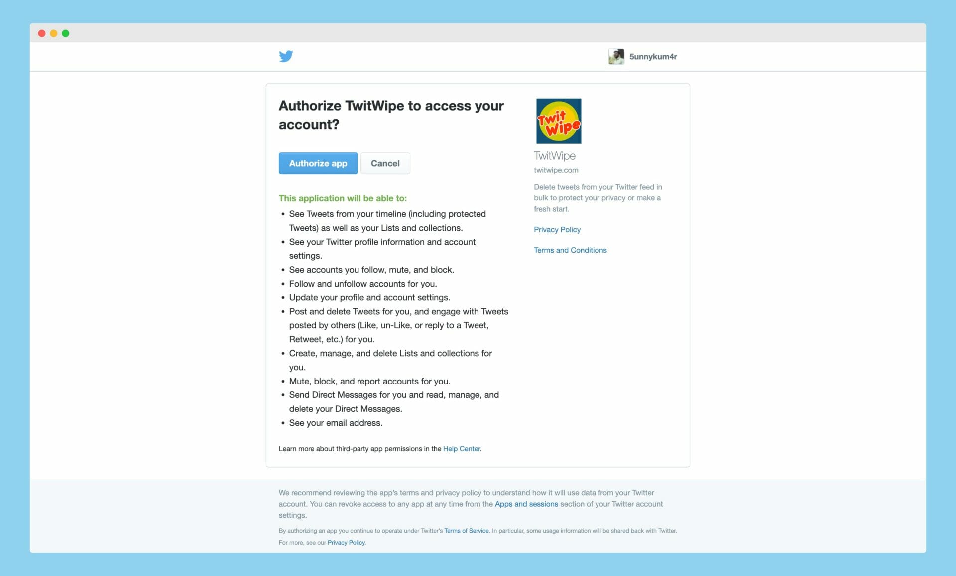 Authorizing "TwitWipe" to Access Twitter 